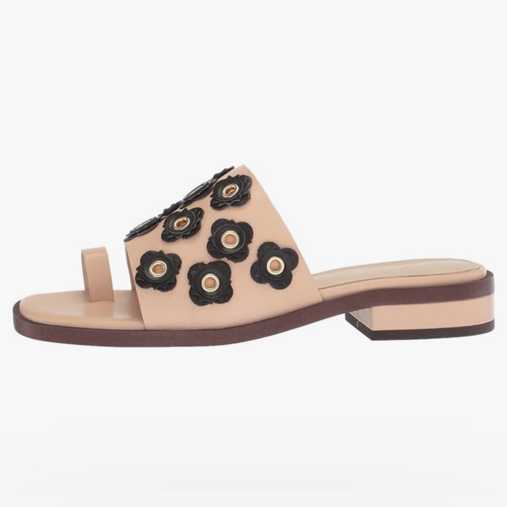 Cole Haan Light Pink Black Leather Floral Studded Sandals Toe Heels Shoes Sz 5B